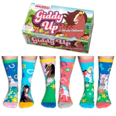 Image of United Oddsocks Giddy Up Box of 6 Horsey Calf Socks for Girls UK 12 5.5 (EUR 30.5 38.5) Fun and Quirky Gift Horse Lovers