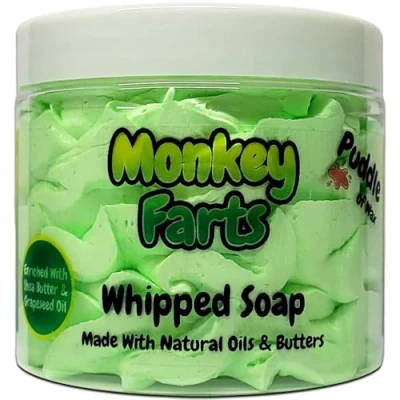 Image of Monkey Farts Whipped Soap Body Wash 150g Natural Oils and Butters Fruity Scent Vegan Friendly Puddle of Wax Made in the UK