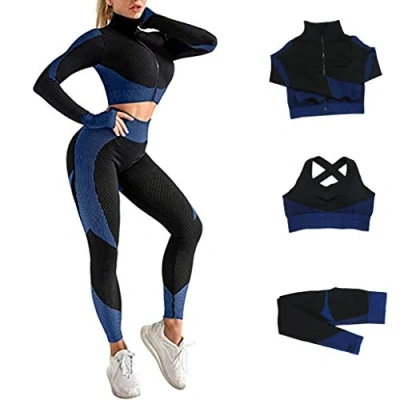 Image of Veriliss Women&#039;s 3pcs Gym Tracksuit Sweatsuit Activewear Sets 2024 Sport Yoga Fitness Clothing Ladies Workout Outfit Sportsuits for Running Jogging (BlackBlue, L)