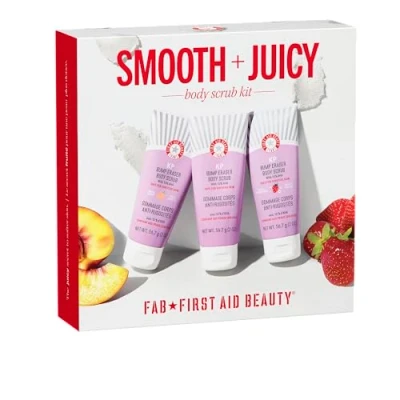 Image of First Aid Beauty Smooth and Juicy scrub kit 3 travel size KP body that exfoliate to reveal visibly smoother, healthier radiant skin set of