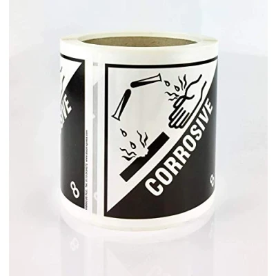 Image of Class 8 Labels Stickers 100mm Corrosive Hazard Warning Diamond Roll of 250 self Adhesive Vinyl
