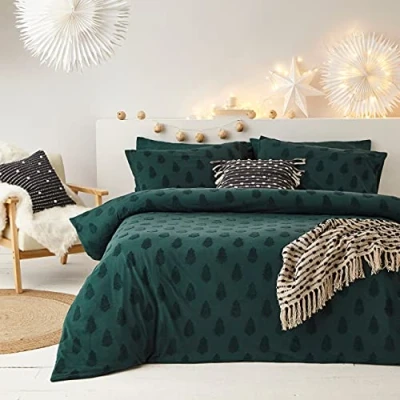Image of The Linen Yard Tufted Tree Duvet Cover Set, Cotton, Pine Green, Double