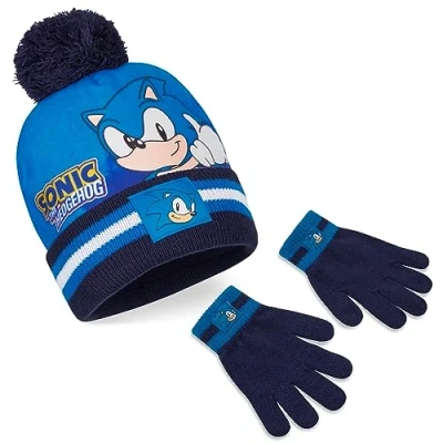 Image of SONIC THE HEDGEHOG Beanie Hat Scarf and Gloves Set for Boys (Blue 2 Pieces)