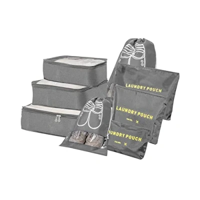 Image of Suitcase Organiser Travel Garment Bags, 8 in 1 Case Set, Packing Cubes, Organiser, Luggage, for Clothes, Shoes, Underwear, Cosmetics (Grey)