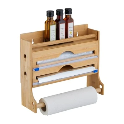 Image of Relaxdays Cling Film Dispenser, with Kitchen Roll Holder, for Foil, Bamboo, Wall Mounted, 30.5 x 36.5 12 cm, Natural, Plastic