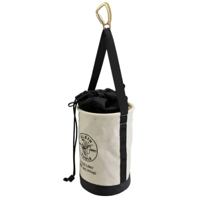 Image of Klein Tools 5114DSC Canvas Bucket, Heavy Duty Drawstring Close Tool 17 Inch with Leather Reinforced Bottoms, 100 Pound Load Rated