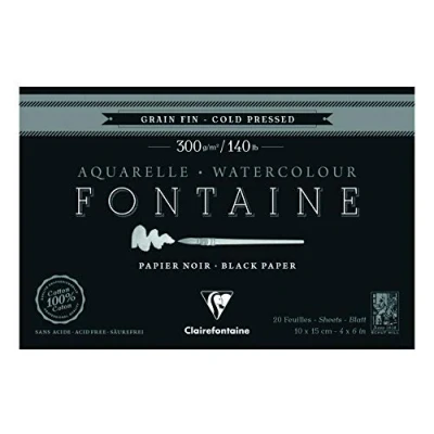 Image of Clairefontaine Ref 975300C Fontaine Cold Pressed Black Watercolour Pad (20 Sheets) 10 x 15cm Size, 300gsm Paper Suitable for Artwork