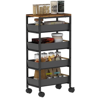 Image of HOMCOM 5 Tier Storage Trolley on Wheels, Rolling Utility Cart with 4 Pull Out Drawers, Mobile Kitchen Rack for Living Room, Kitchen, Dining Bedroom, Bathroom, Black