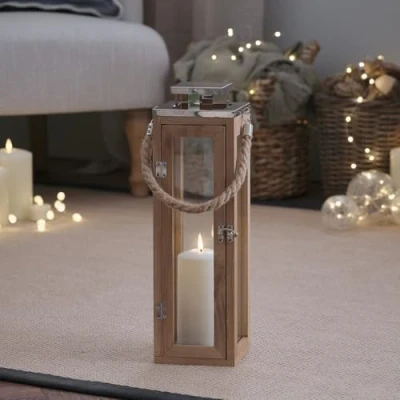 Image of Lights4fun Large Nautical Wooden Decorative Candle Lantern LED Battery Operated with Rope Handle 34cm, Brown, FBA_LA1510 12 SERIES