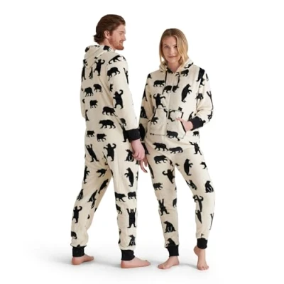 Image of Hatley Women&#039;s Hooded Fuzzy Fleece Black Bear Family Jumpuits Onesie, White (Adult Jumpsuit Bears on Natural), S UK