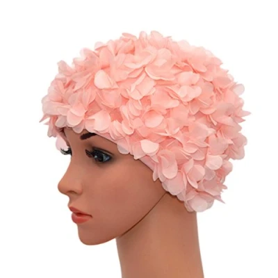Image of Medifier Lace Vintage Swim cap Floral Petal Retro Style Bathing Caps for Women Pink