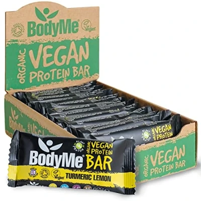 Image of BodyMe Organic Vegan Protein Bar Raw Turmeric Lemon 12 x 60g Snack Bars Gluten Free 16g Complete 3 Plant Proteins All Essential Amino Acids High Snacks