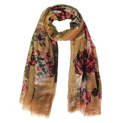 Image of Lina &amp; Lily Floral Design Print Women&#039;s Scarf Shawl Lightweight (A Khaki)