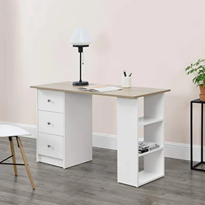 Image of [en.casa] desk Lemberg 120 x 50 72 cm with 3 shelves and drawers Office Computer PC table White/Oak look