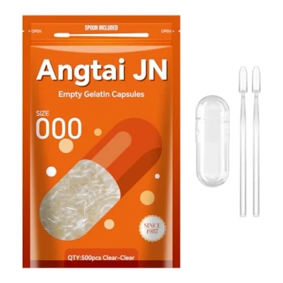 Image of Angtai JN Empty Capsules Size 000 Clear Gelatin (500 Count) with Two Miro Lab Spoons Gel DIY Pure Bovine Capsule Filling Kosher, Gluten Free Non GMO Certified