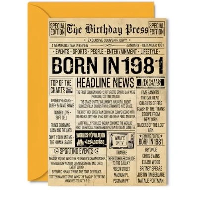 Image of 44th Birthday Card for Women Men Bday Press Newspaper 1981 Happy 44 Cards Wife Brother Sister Dad Uncle Friend, 5x7 Inch Greeting