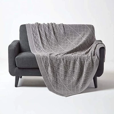 Image of HOMESCAPES Luxury Grey Knitted Throw Cable Knit Cotton Blanket Hand Warm and Cosy 100% Textured Diamond Pattern Sofa Bed Throw, 130 x 170 cm