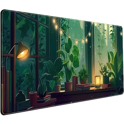 Image of Cute Green Lofi Desk Mat Plants Mouse Pad Anime Forest Aesthetic Nature Pad, XXL Large Gaming Extended Mousepad for PC Laptop Keyboard Women Office Decor Girl Playmat 31.5x15.75 in