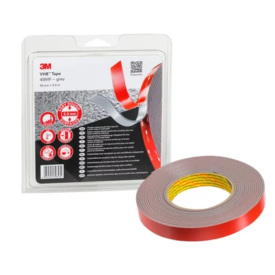 Image of 3M VHB 4991F Double Sided Adhesive Tape Provides adhesion to aluminium, stainless steel, galvanised polycarbonate, ABS 19mm x 5.5m, Thickness 2.3mm, Grey (1 Roll)