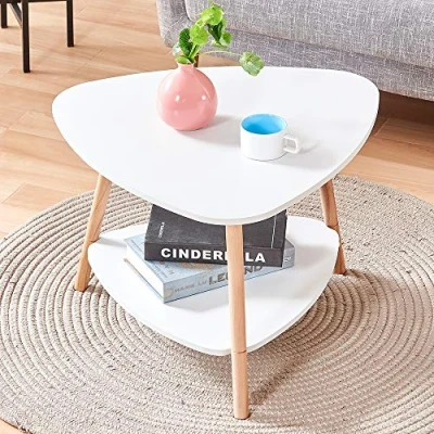 Image of BonChoice 2 Tier Triangle White Simple Coffee Table Sofa Side for Living Room, Modern End Bedside Wooden Small Space
