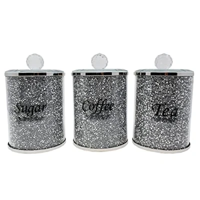 Image of Amazing Gift Diamond Crushed Tea Coffee Sugar Canisters Jars Kitchen Storage Silver Trimmings Crystal Filled Black Writing
