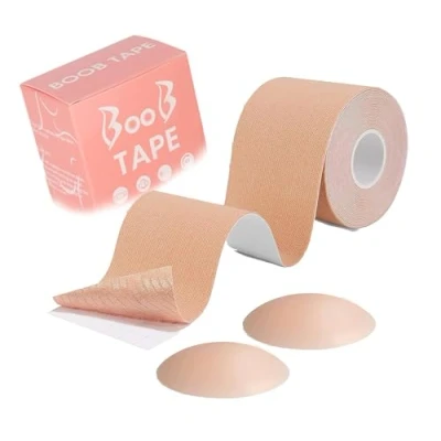 Image of INTELLIGRON Skin Boob Tape with 2 Nipple Covers, Booby Body for Large Breasts, Breast Lift Tape, Self Adhesive Strapless Boobtapes, Kinesiology 5M Stretchable, Covers and