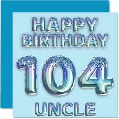 Image of 104th Birthday Card for Uncle Blue Glitter Party Balloons Happy Cards 104 Year Old from Nephew Niece, 145mm x Bday Greeting Gift