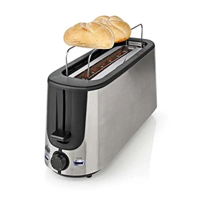 Image of Ex Pro Long Slot Toaster, Slice or 2 Stainless Steel Toaster with Bun Warming Rack, 6 Browning Levels, Removeable Crumb Tray, Defrost and Reheat, 1000W