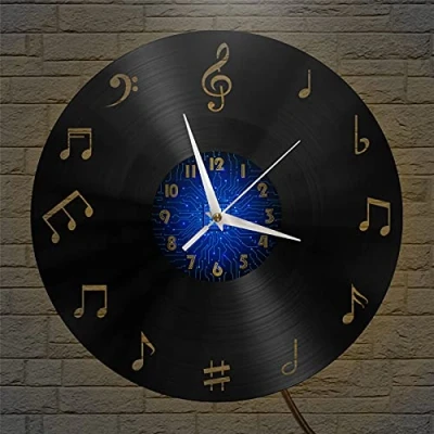 Image of Musical Note Tadpole theme Vinyl Record vintage Wall Clock for Kitchen(B,with LED)