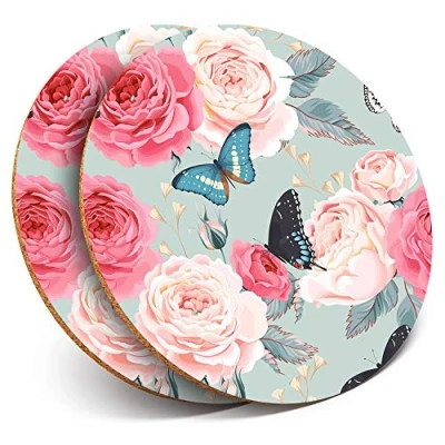 Image of 2 x Round Coasters Pink Roses Butterfly Flower Vintage Cork Backed Home Kitchen Accessory Tea Coffee Mug Mat #14243