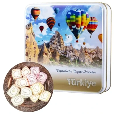 Image of Turkish Delight Gift Box Rolled Fruits Mixed Aroma Gourmet Dessert Baklava Pastries Sweets 500g In Elegant Tin Corporate, Christmas, Thanksgiving Food Gifts For Women, Mens, Mum, Dad