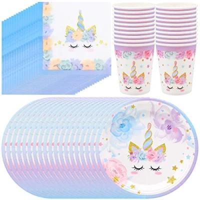 Image of 16 Guests Unicorn Paper Tableware, Party Plates Cups Napkins for Girls Kids Birthday Packs Decorations Supplies
