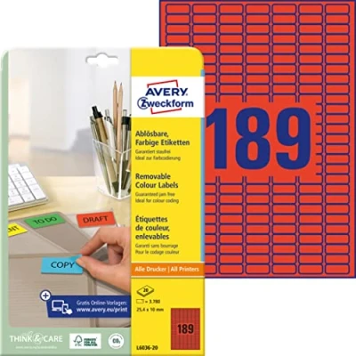 Image of Avery Zweckform L6036 20 Coloured Mini Labels 25.4 x 10 mm for Colour Coding Pack of Sheets