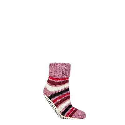 Image of Elle Womens Moccasin Slipper Socks Thick, Chunky, Fair Isle, Striped, Patterned, Anti Slip Grips, Size 4 8 in a 1 Pair Pack Smokey Pink Stripe