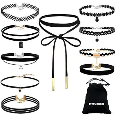 Image of PAXCOO 10 Pcs Choker Necklace for Women Girls Black Classic Velvet Stretch Gothic Tattoo Lace