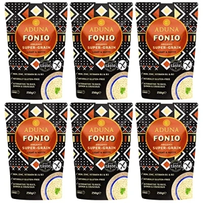 Image of Aduna Certified Organic Fonio Super Grain Premium Gluten Free African Ancient All Natural Superfood Six Resealable Pouches 1.5kg (6 x 250g)