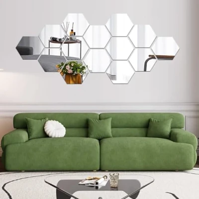 Image of Mirror Wall Stickers, 12PCS Hexagon Art DIY Home Decorative Hexagonal Acrylic Sheet Plastic Tiles for Living Room Bedroom Sofa TV Background Decal Decoration Deco