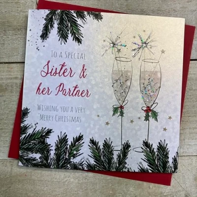 Image of WHITE COTTON CARDS SISTER &amp; HER PARTNER FLUTES WITH SPARKLERS CHRISTMAS CARD, HAND FINISHED (C23 88), 16cm x
