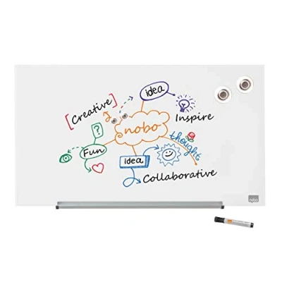 Image of Nobo Glass Magnetic Whiteboard with Removable Pen Tray, 680 x 380 mm, InvisaMount Mounting System, Impression Pro, Brilliant White, 1905175
