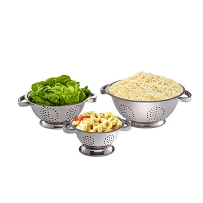 Image of Relaxdays Colanders Set of 3 Noodle Strainers, Sieve Ø 15 cm, 20 cm &amp; 25 Stainless Steel, Handles, Silver