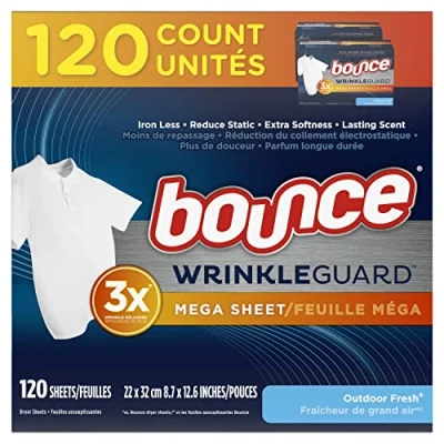 Image of Bounce WrinkleGuard Mega Dryer Sheets, Fabric Softener and Wrinkle Releaser Outdoor Fresh Scent, 120 Count (Pack of 2, 60 Each)