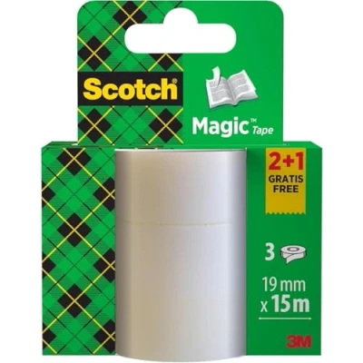 Image of Scotch Magic Tape, Promo Pack, 2 Rolls + 1 FREE , 19 mm x 15 m General Purpose Sticky Tape for Document Repair, Labelling &amp; Sealing