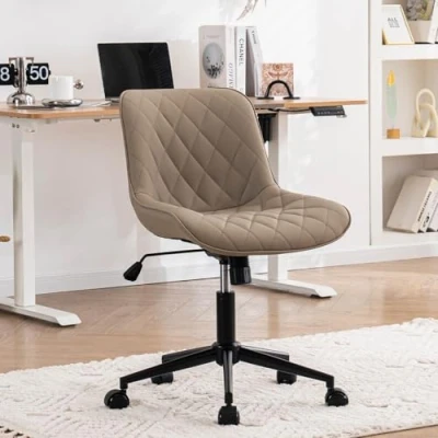Image of YOUNUOKE Home Office Chair Faux Leather Ergonomic Armless Desk with Backrest Swivel Task for Bedroom Living Room, Khaki