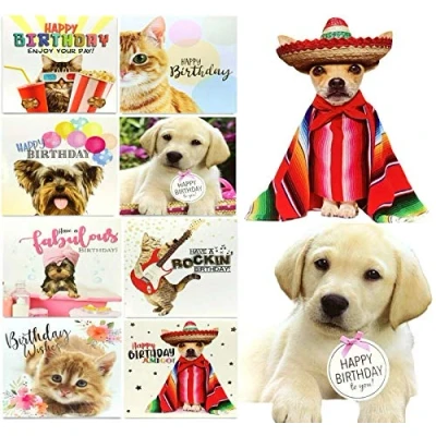 Image of Pack of 8 Mixed Assorted Happy Birthday Pet Cards Greeting Card Cats &amp; Dogs