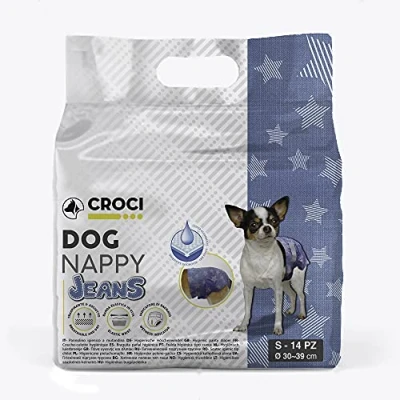 Image of Croci Dog Nappy Jeans Absorbent Pants for Female Dogs, Size S Diameter 30 39 cm, Hygienic Cycle and Pipi Dog, Odour Resistant, Disposable, Adjustable Adhesive Closure, Pack of 14