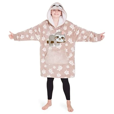 Image of CityComfort Girls Oversized Blanket Hoodie Kids Fleece Fluffy Hoodies (Beige Sloth)