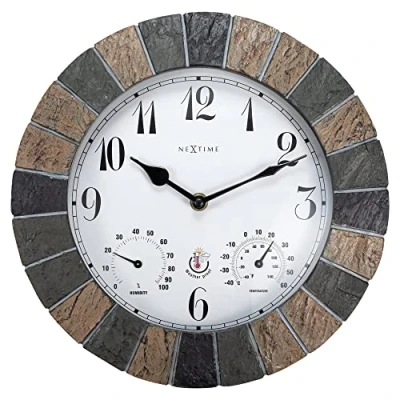 Image of NexTime Outside Weather Station Clock Ø26CM Polyresin Green Aster, Resin, Brown, 26cm