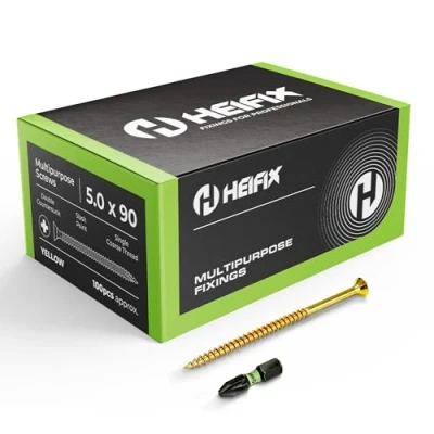 Image of Heifix Multi Purpose Wood Screws Box Pozi Double Countersunk (QTY 100, 5mm x 90mm) FREE Screw Bit Included