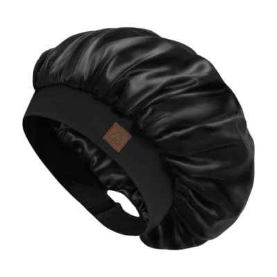 Image of Hat Hut Satin Bonnet Silk Sleep Cap for Women Hair Curly Sleeping Adjustable Wide Band Double Layer (A01 Black)