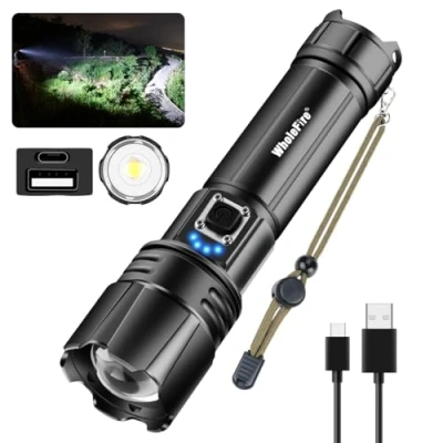 Image of 9000 Lumens LED Torches USB Rechargeable, Super Bright XHP70.2 Torch Light with Power Bank Function, 5 Modes Powerful Flashlight Adjustable Focus IPX6 Waterproof for Home Use, Outdoor Activities